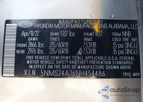 2022 Hyundai Santa Fe Sel из США, поврежденный, VIN 5NMS24AJ6NH454486